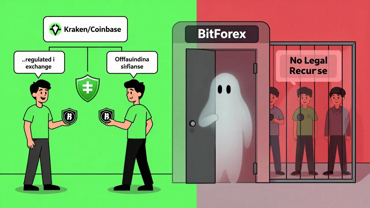 Contrast between regulated exchange and ghostly BitForex with countdown timer and trapped users.