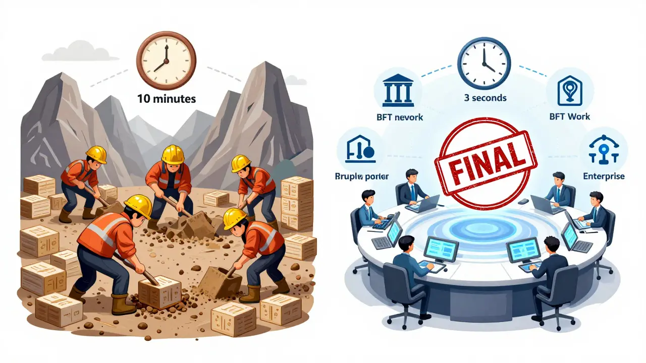 Contrast between slow Proof of Work mining and fast BFT consensus with finality stamp in enterprise setting.