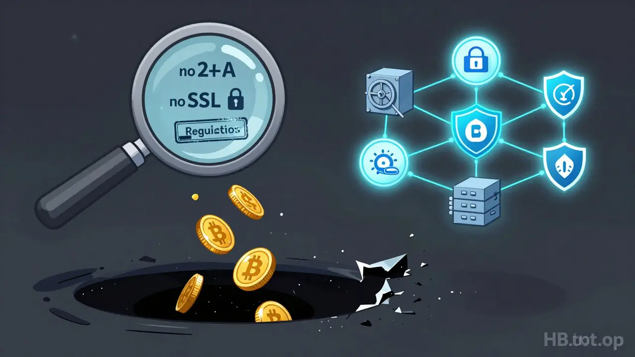 Crypto coins falling into a black hole labeled HB.top, with missing security features visible under magnification.