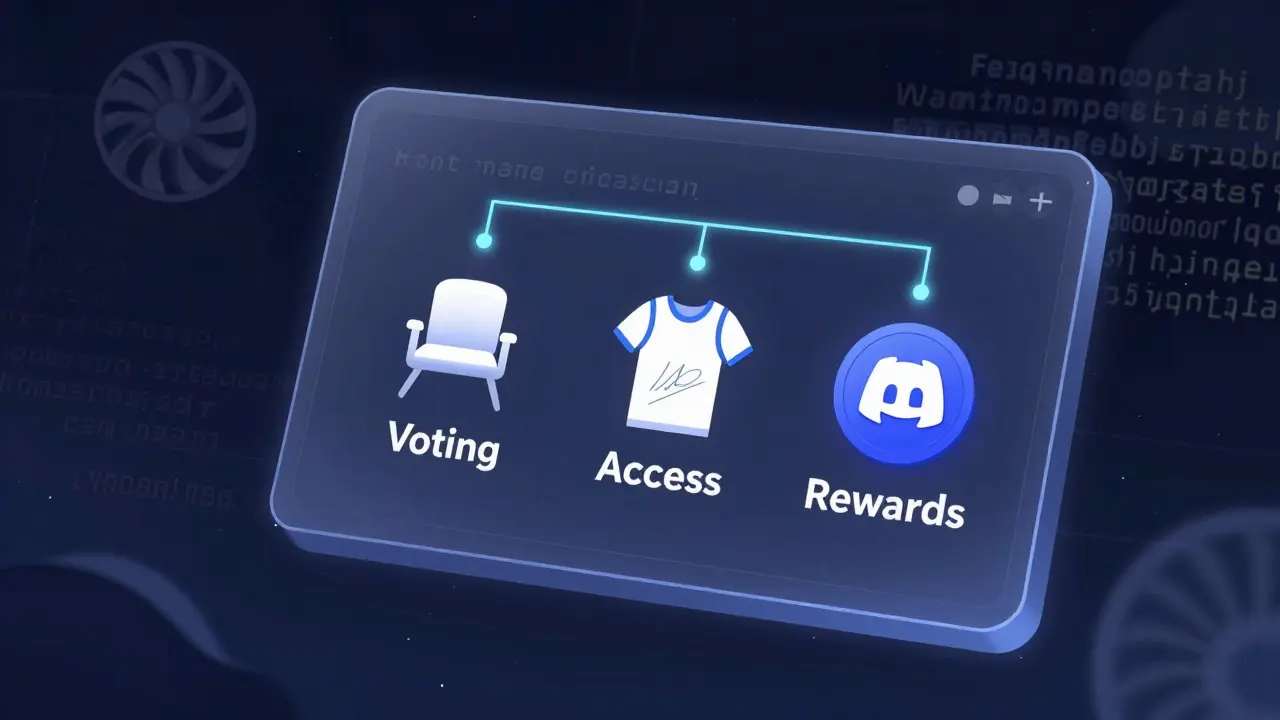 Digital wallet with three social tokens connected to real-world perks like concert seats and Discord badges, embedded with smart contract code.