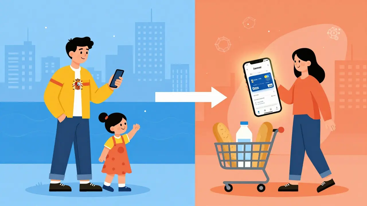 Family receiving crypto remittance from abroad, with digital transfer and grocery shopping shown side by side.