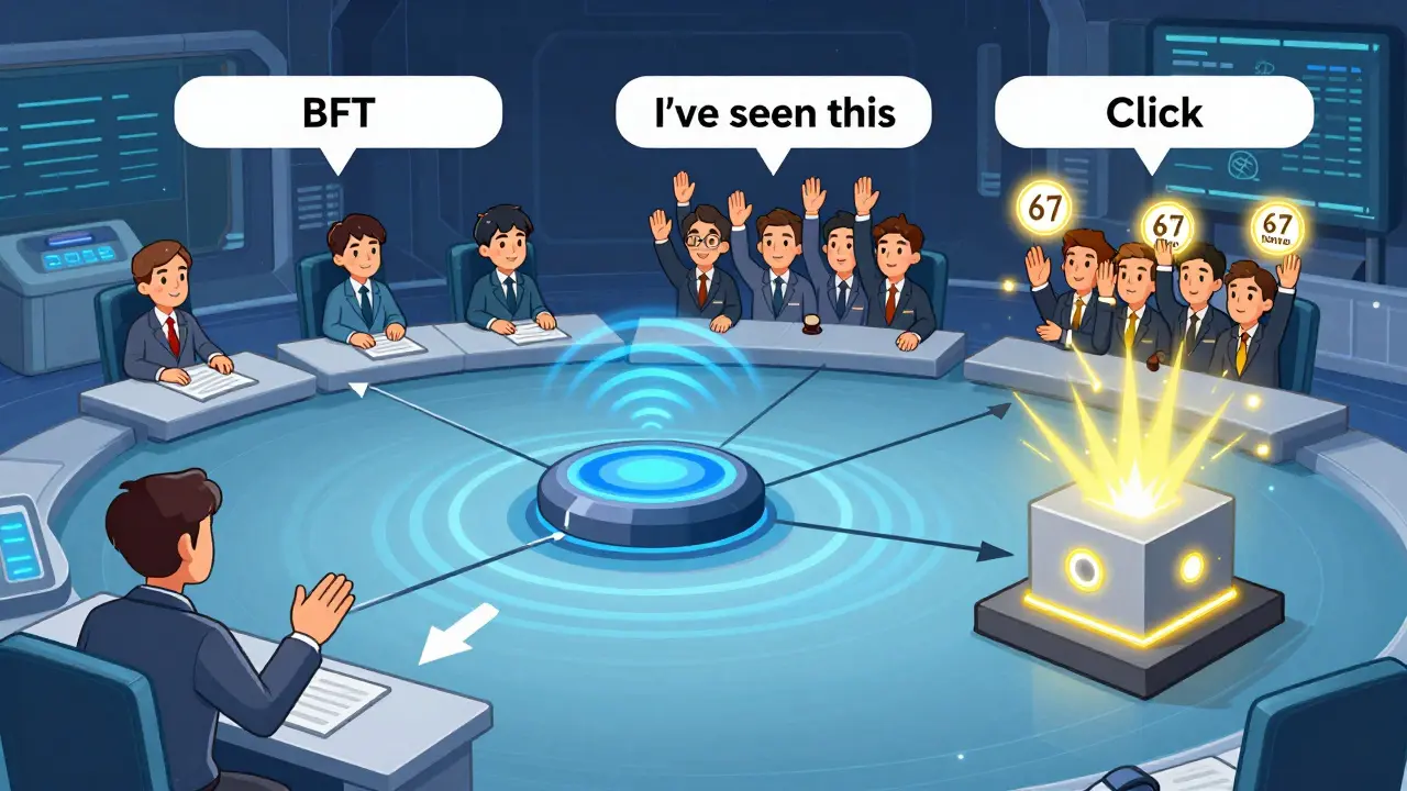 Four-step BFT protocol illustrated as a flowchart with glowing signals and signature stamps locking a transaction.