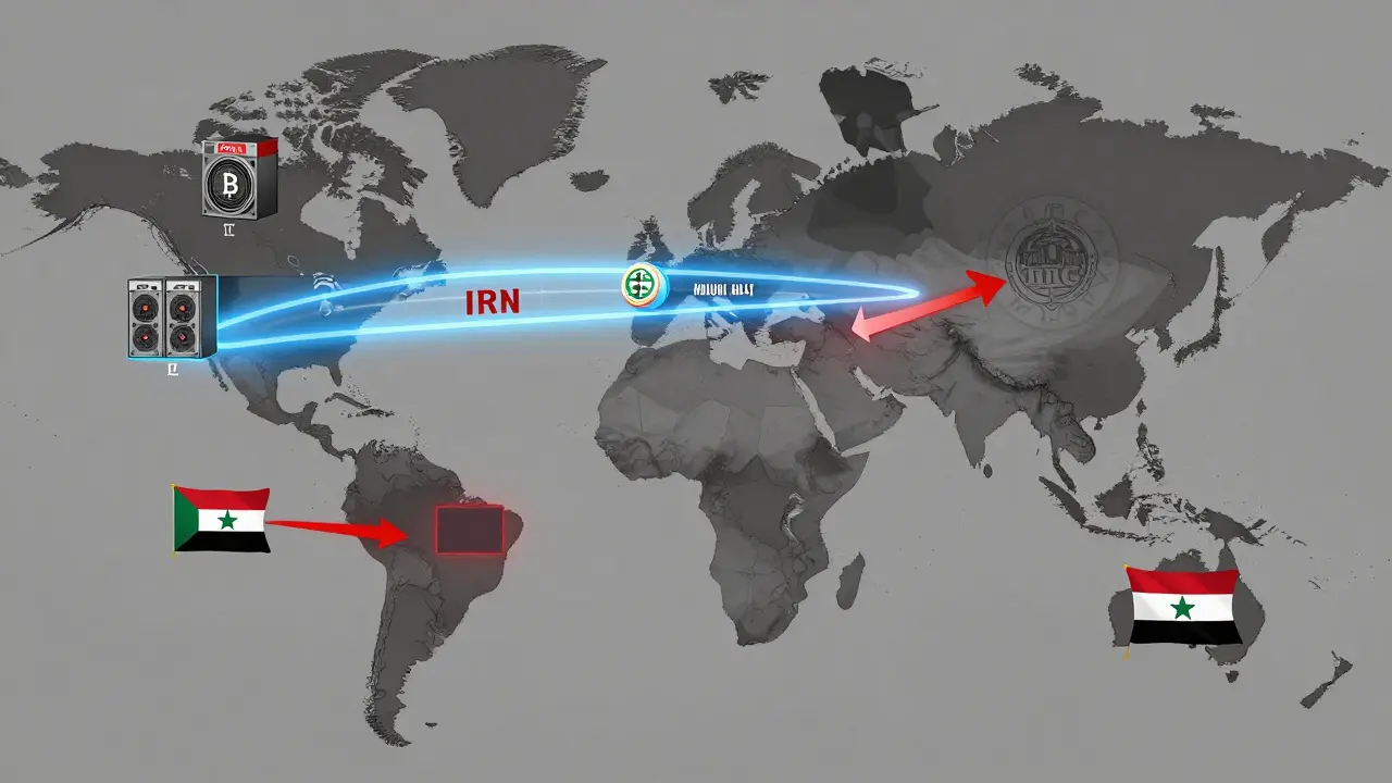 Global Bitcoin transaction map from Iran to terrorist groups, with mining hardware and power grid icons in technical style.
