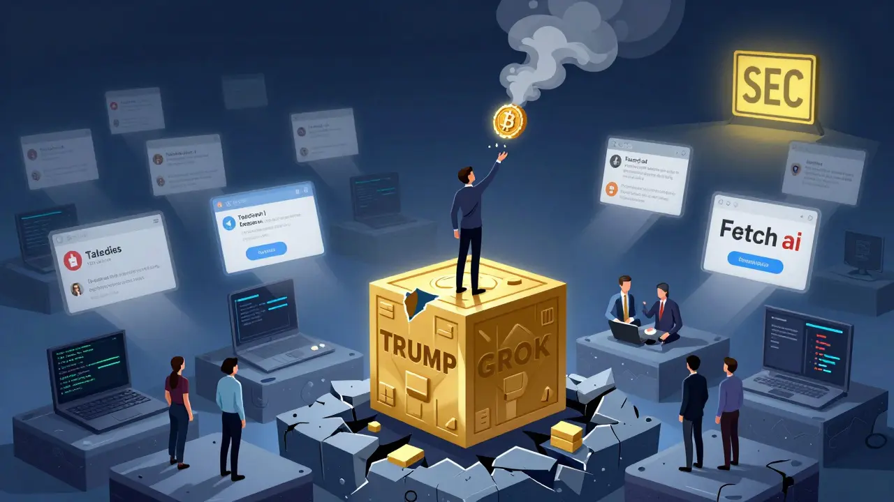 Investor watching a token dissolve as real crypto projects stand strong in the distance.