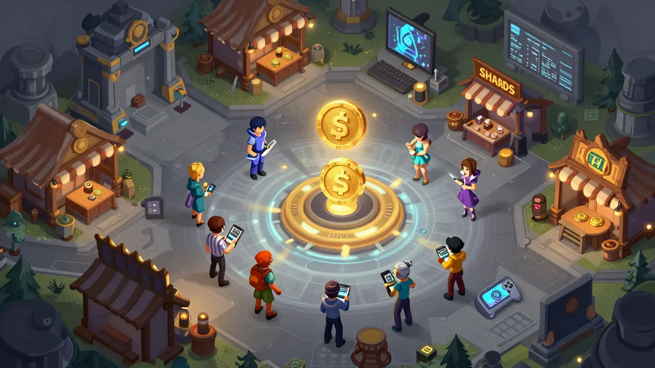 Isometric MMORPG world where players use SHARDS tokens to buy gear, vote, and trade NFTs across devices.