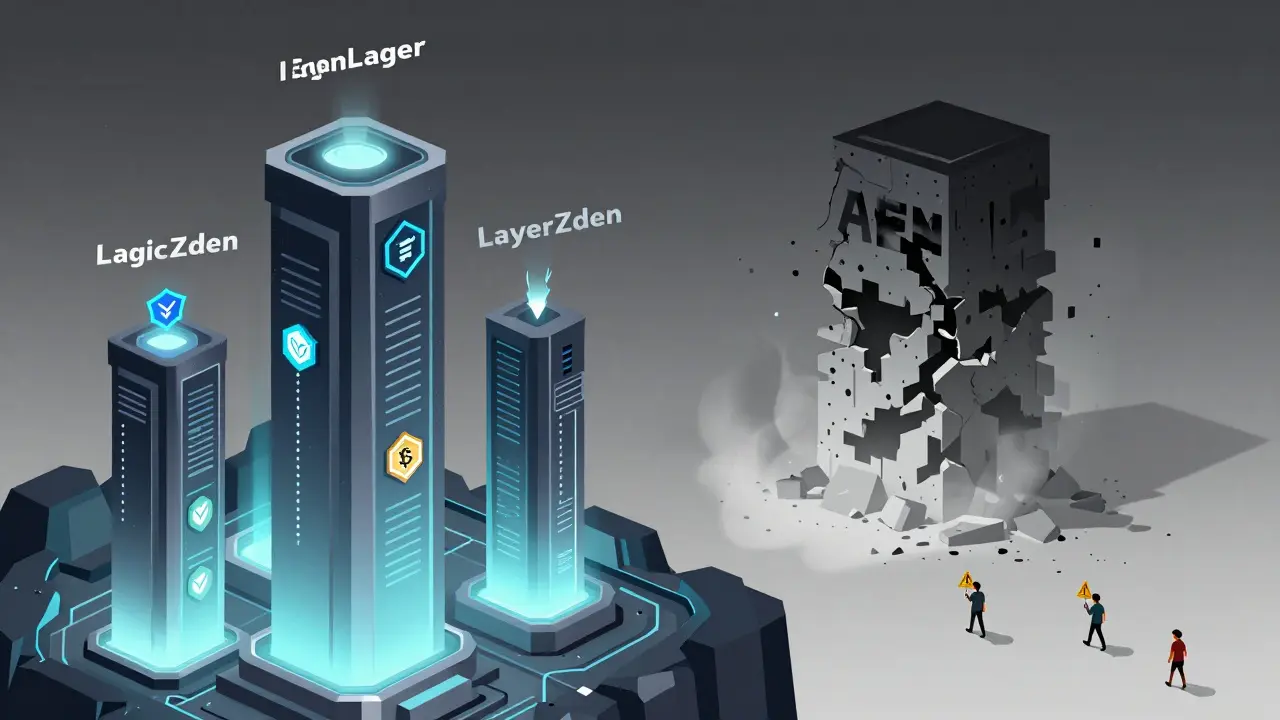 Legitimate crypto projects as solid towers vs. the fading ghost structure of AFEN scam.