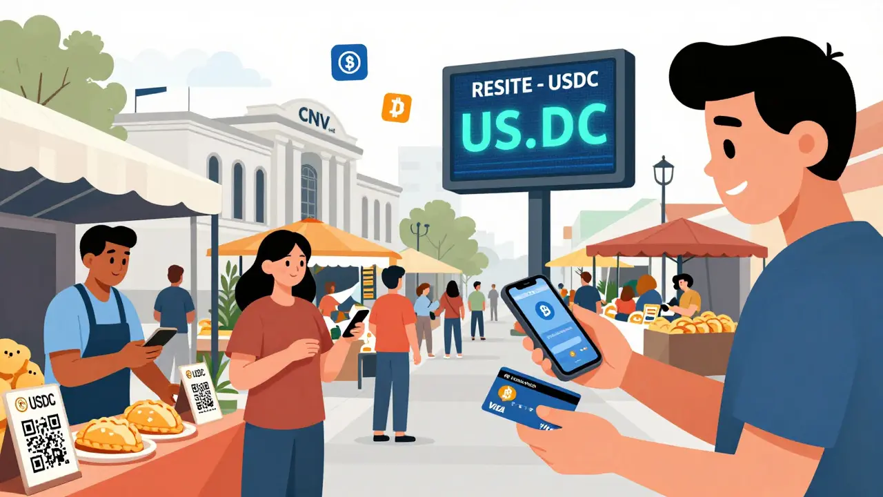 Market vendors in Argentina accepting USDC payments via QR codes and prepaid Visa cards.