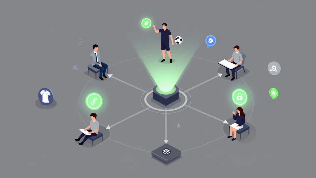 Musicians, sports teams, and streamers emitting social tokens into a shared blockchain web, with fan participation icons linking them.