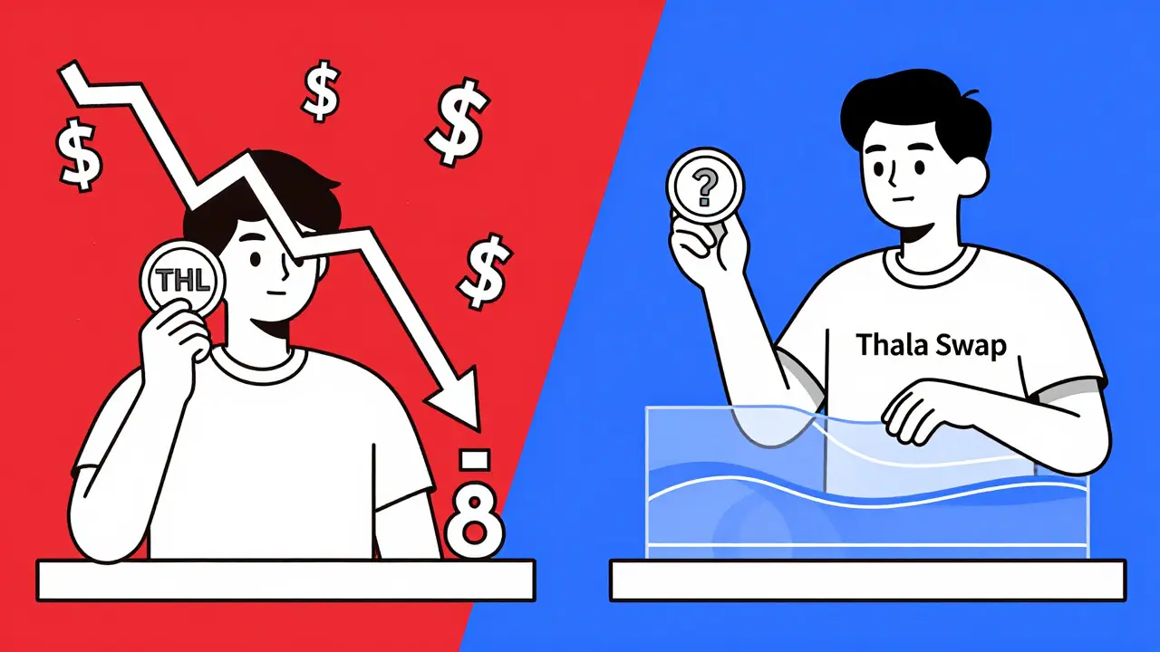 One user losing money on THL price crash, another successfully using Thala Swap