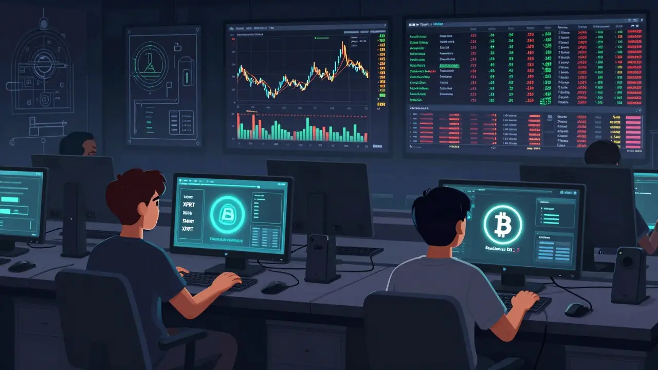 Quiet trading hub with one user staking XPRT and another swapping BTC for ATOM, while giant DEXs loom in the background with chaotic energy.