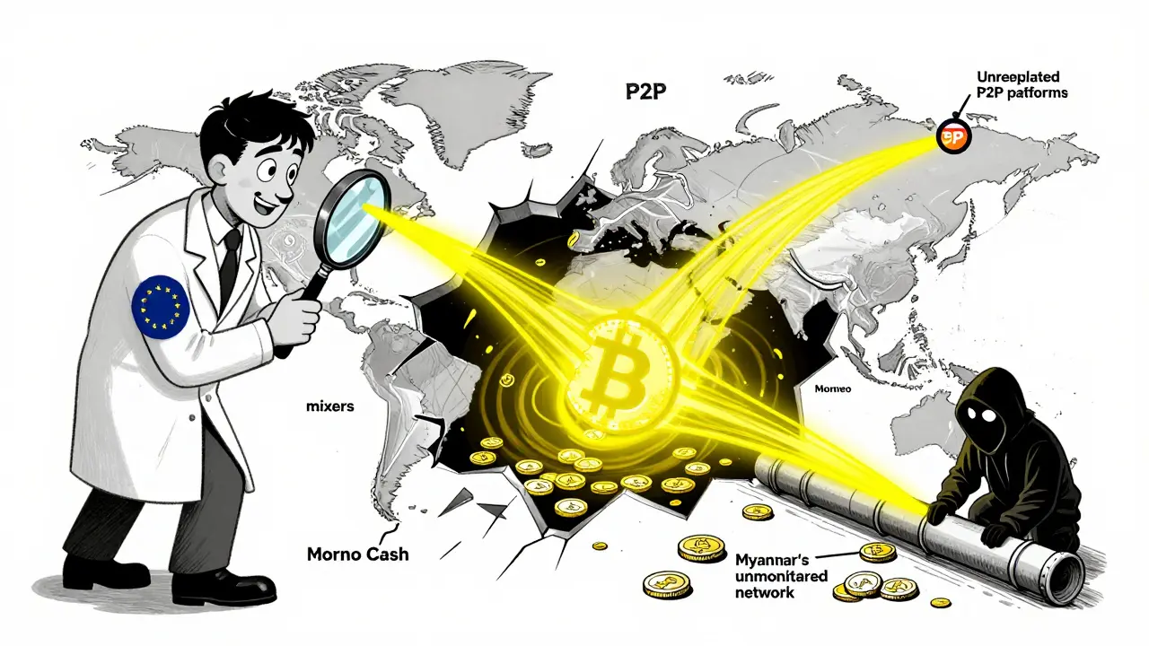 Regulators monitoring clean crypto chains while mixers and unregulated platforms leak stolen funds into Myanmar's unmonitored network.