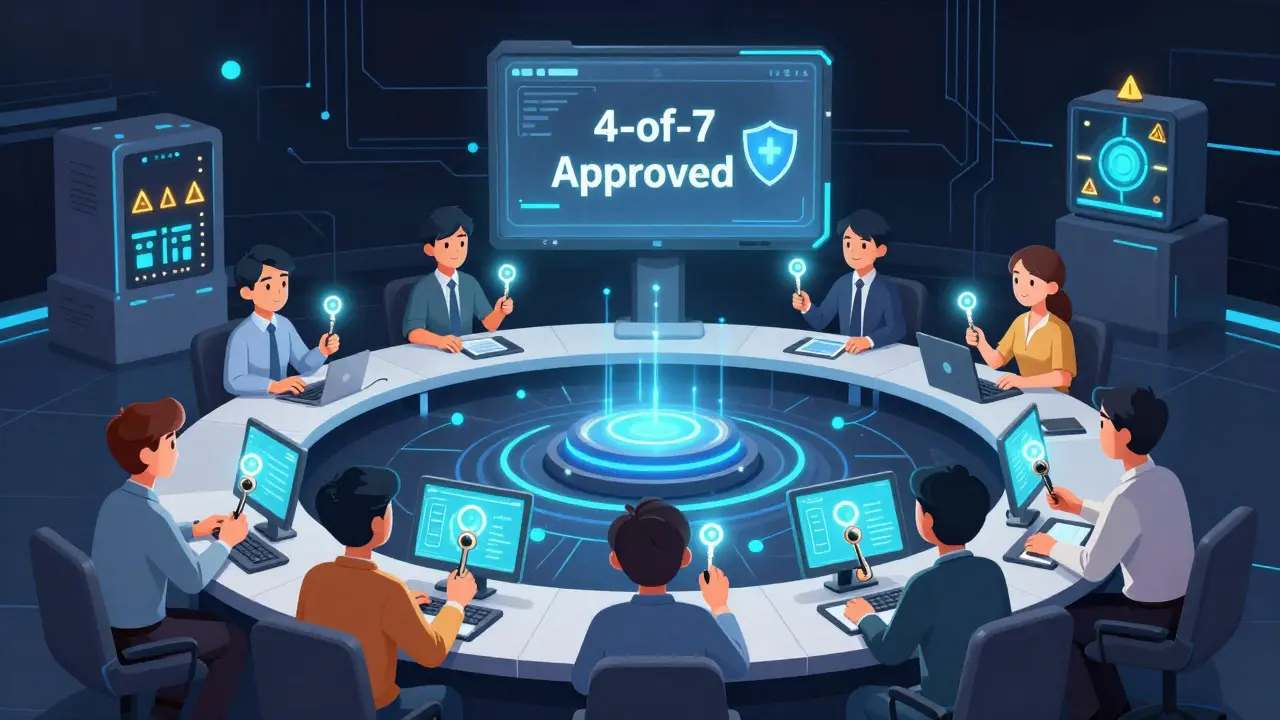 Seven team members approving a 4-of-7 crypto transaction with a blockchain node.