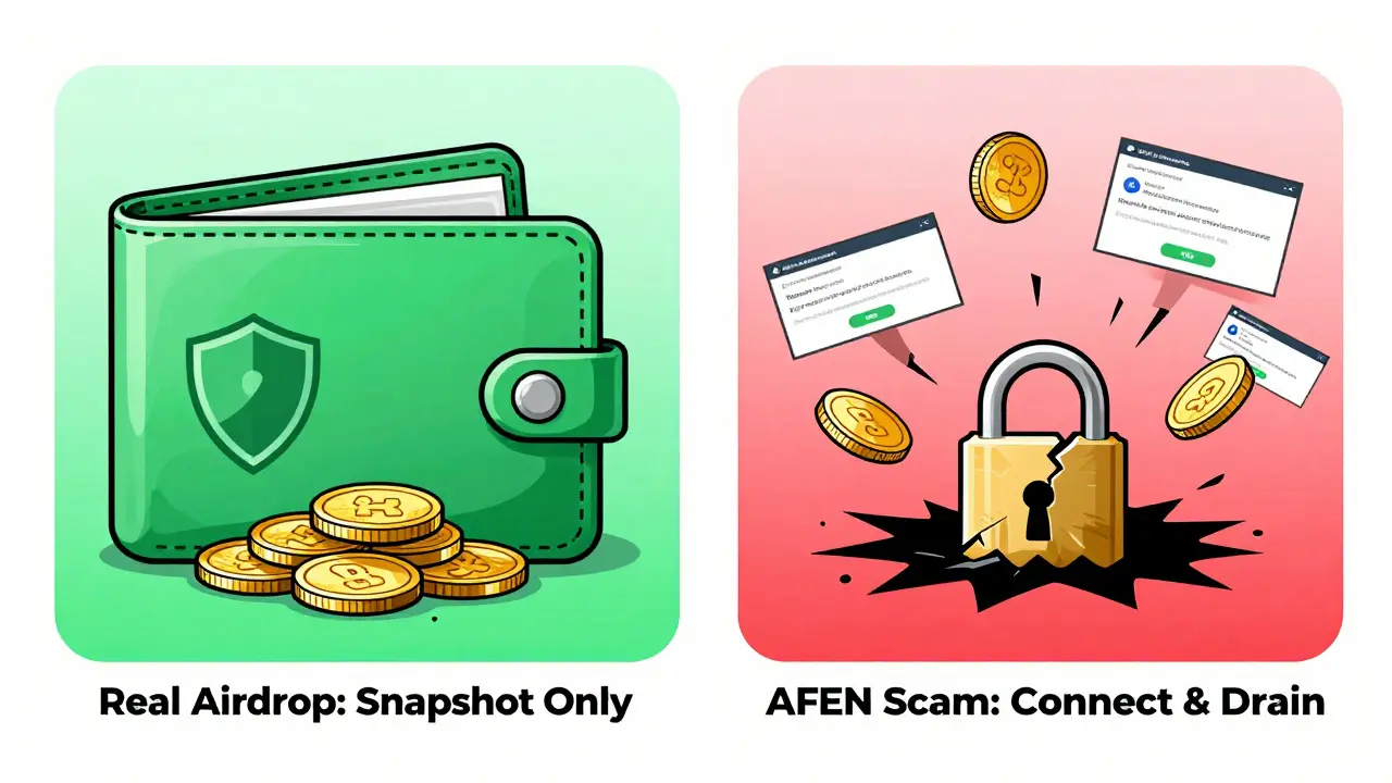 Side-by-side comparison of a secure real airdrop versus a compromised scam wallet.