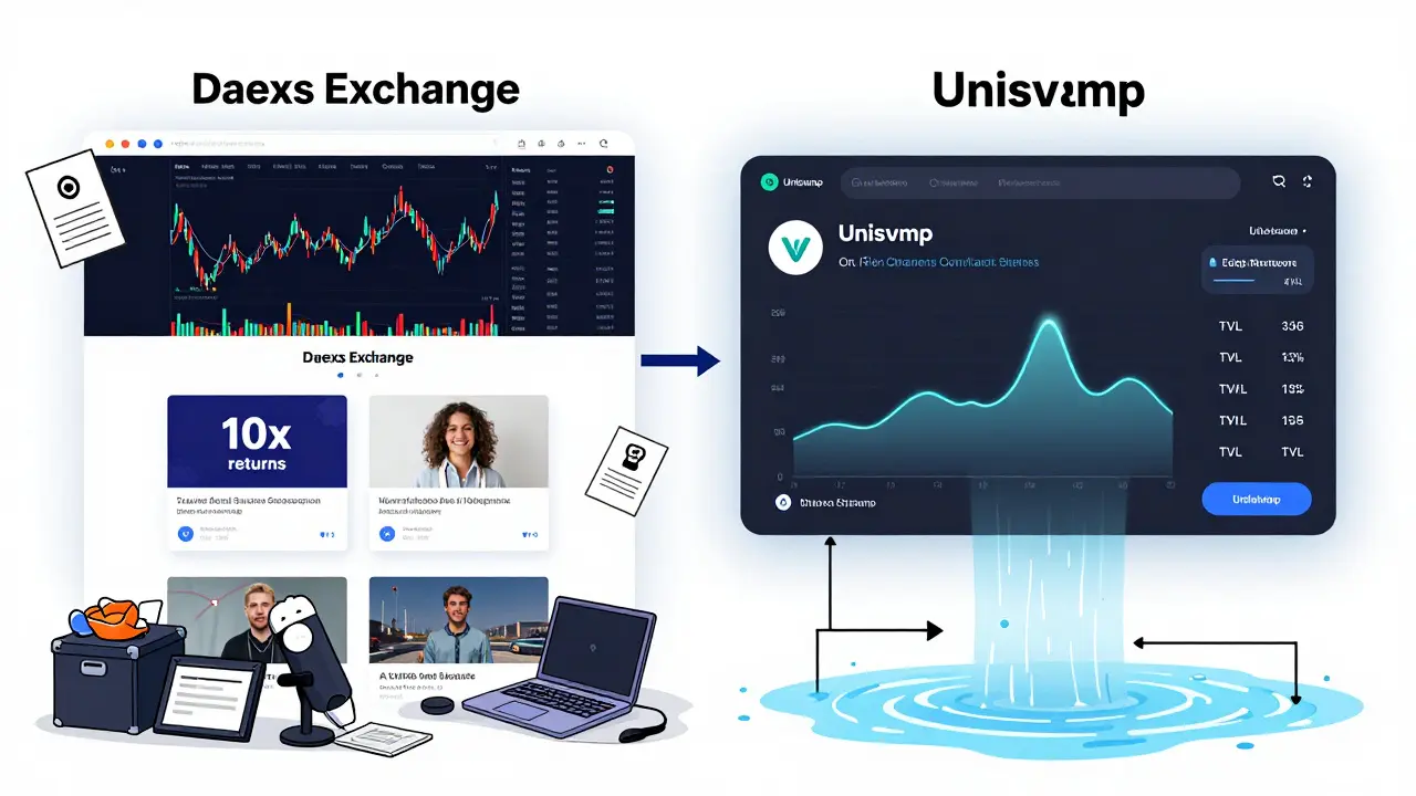 Side-by-side comparison of a suspicious fake exchange versus a transparent, verified decentralized exchange with live data.