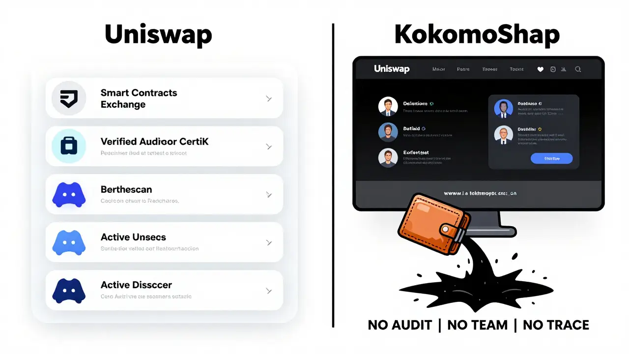 Side-by-side comparison of legitimate and fake crypto exchanges with technical icons.