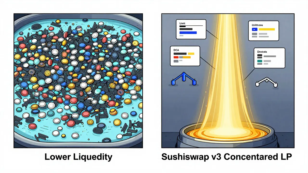 Side-by-side comparison of Sushiswap v3's focused liquidity versus Uniswap v3's dispersed liquidity with trading features highlighted.