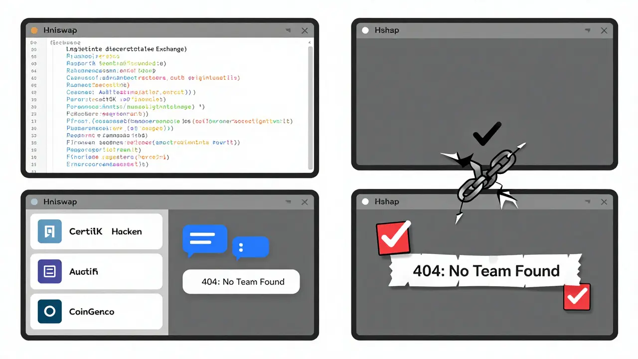 Side-by-side comparison: real exchange with audits and community vs fake Hswap with broken links and fake verification marks.