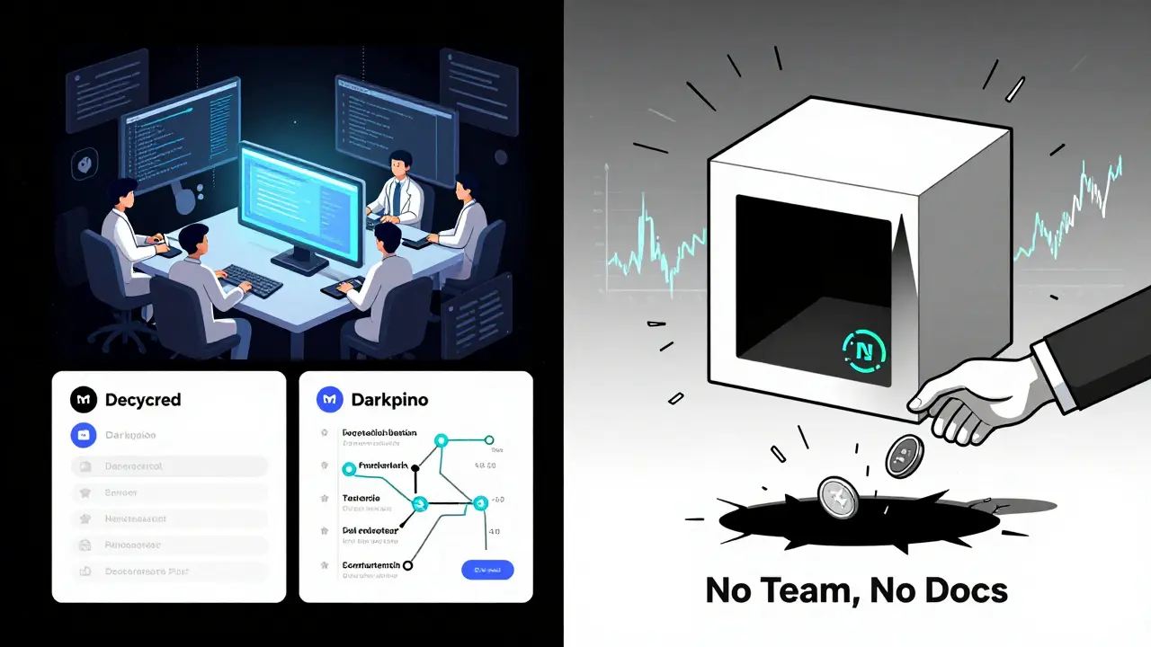 Split illustration: legitimate crypto project vs. empty DPINO box with ghostly trading charts.