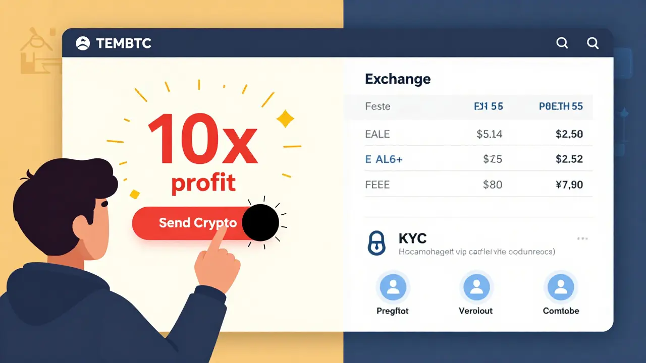 Split-screen: fake TEMBTC dashboard vs real exchange with security features shown.