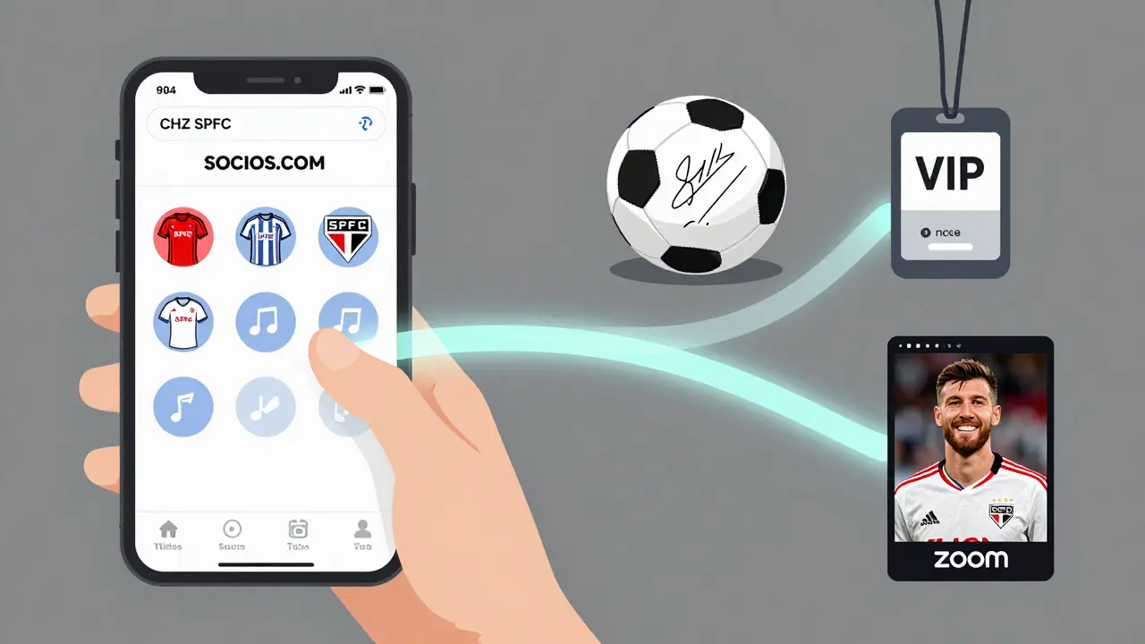 Split-screen of swapping CHZ for SPFC in an app, with real-world rewards like signed memorabilia and player meetups.