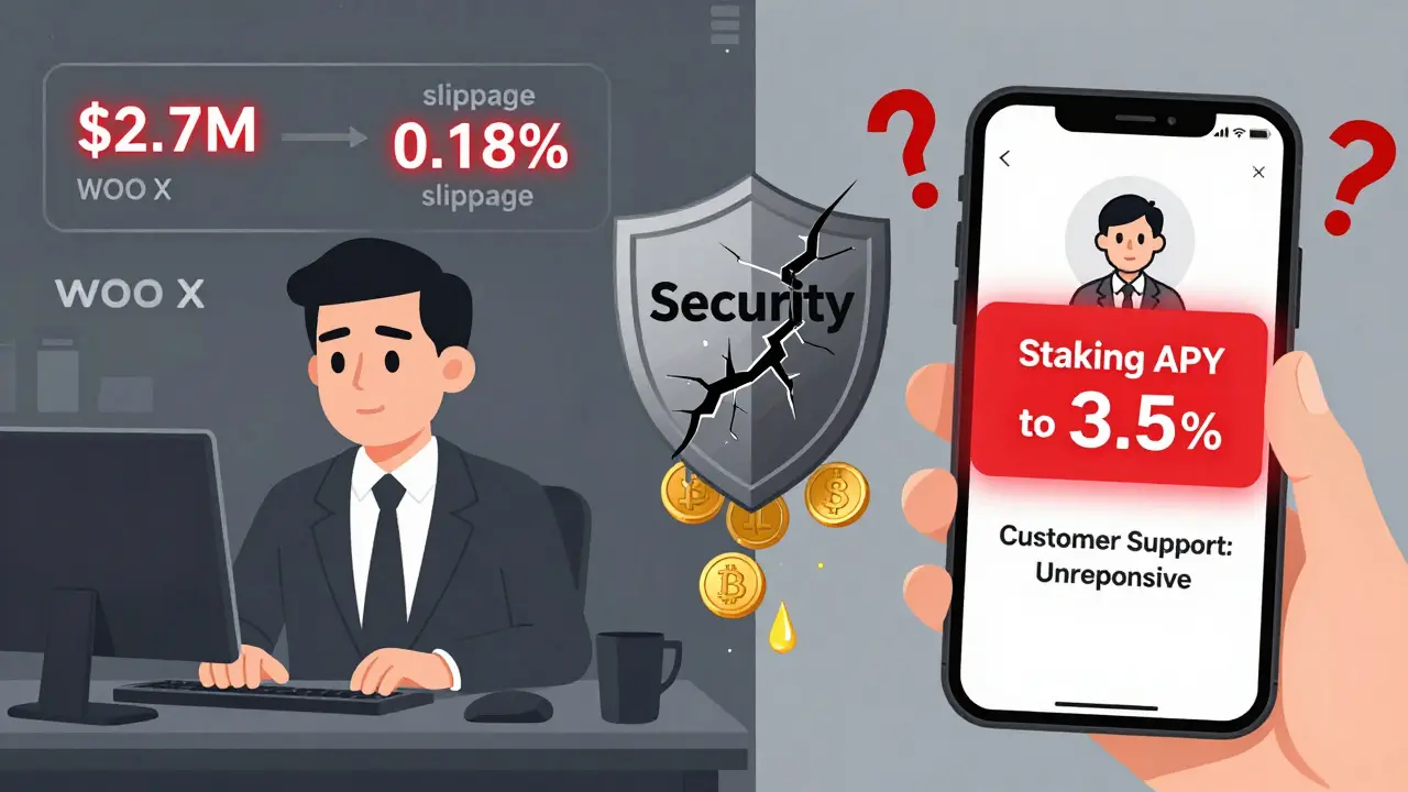 Split-screen scene: institutional trader using WOO X vs. retail user facing low APY and poor support, with a broken security shield.