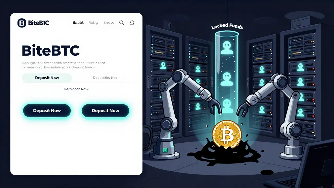 Split-screen technical illustration showing inviting frontend and hidden scam backend.