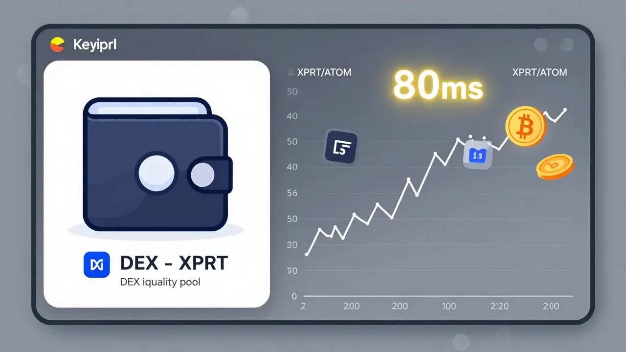 Split-screen view of a Cosmos wallet transferring XPRT to a DEX pool with a near-zero slippage trade timer and floating crypto asset icons.