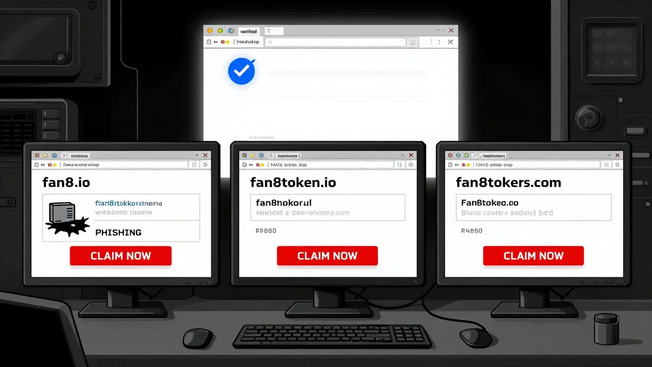 Three fake FAN8 airdrop websites with misspelled URLs, one draining a wallet seed phrase into a black hole.