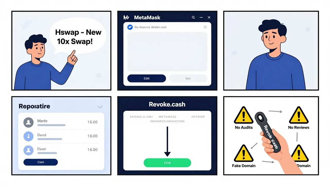 Three-panel comic showing user clicking scam ad, connecting wallet, losing funds, then using revoke.cash to secure account.