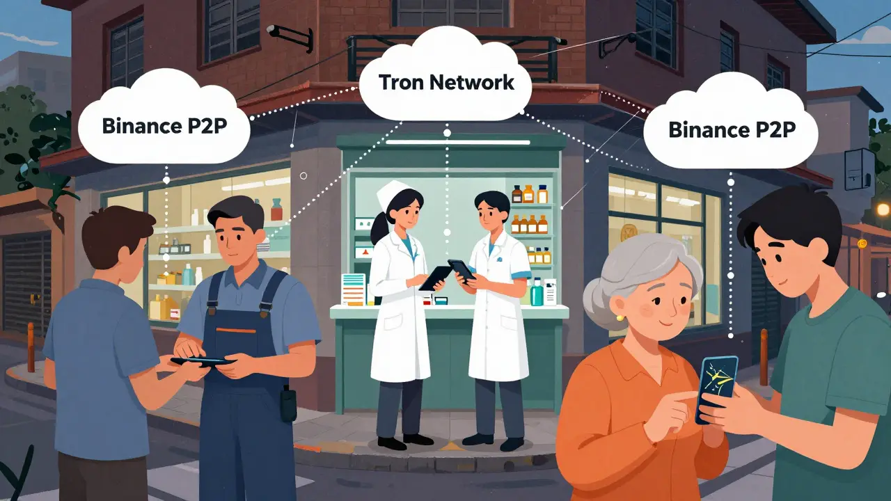 Three people in Caracas conducting crypto transactions via P2P platforms with network connections shown.