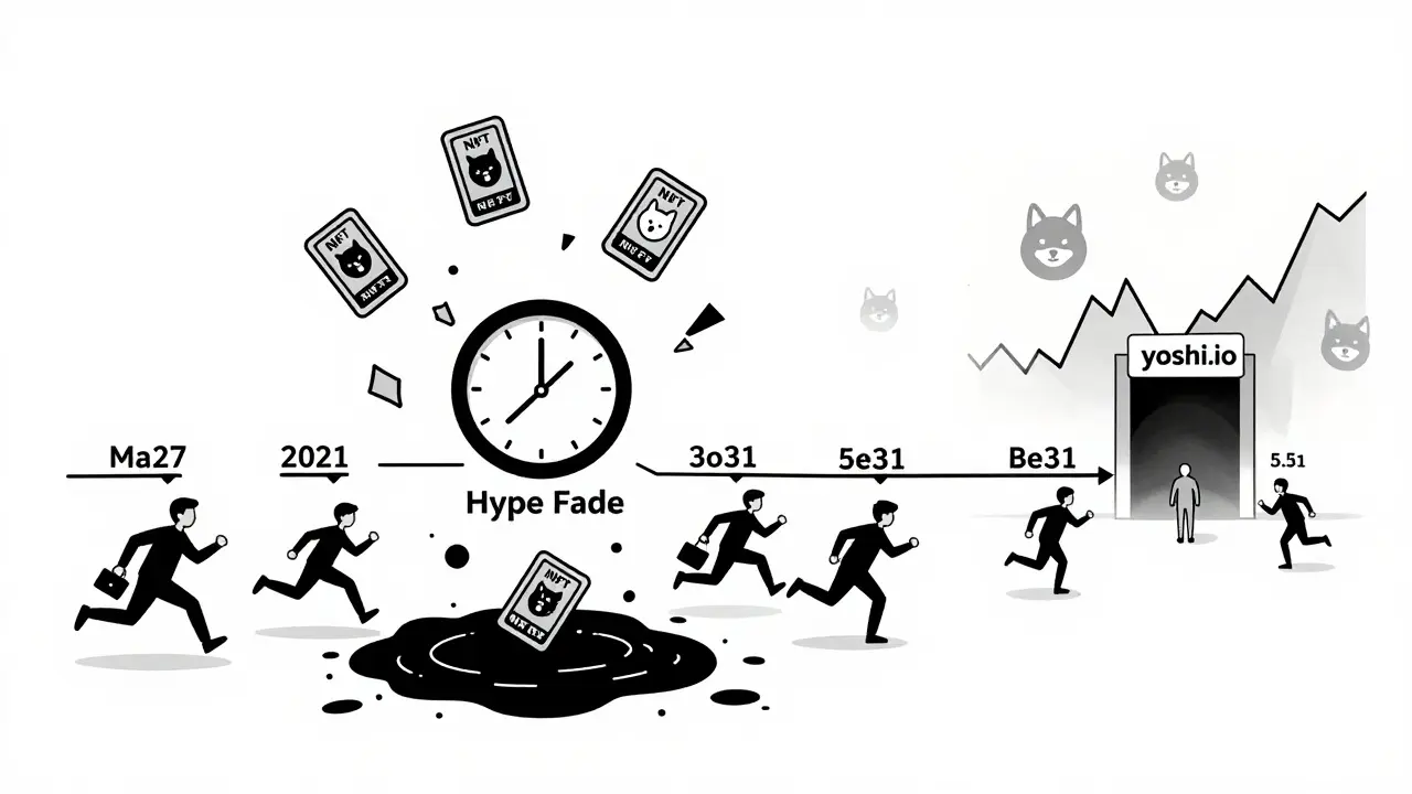 Timeline illustration showing NFTs falling into a hype fade black hole as users rush toward a fading website portal.