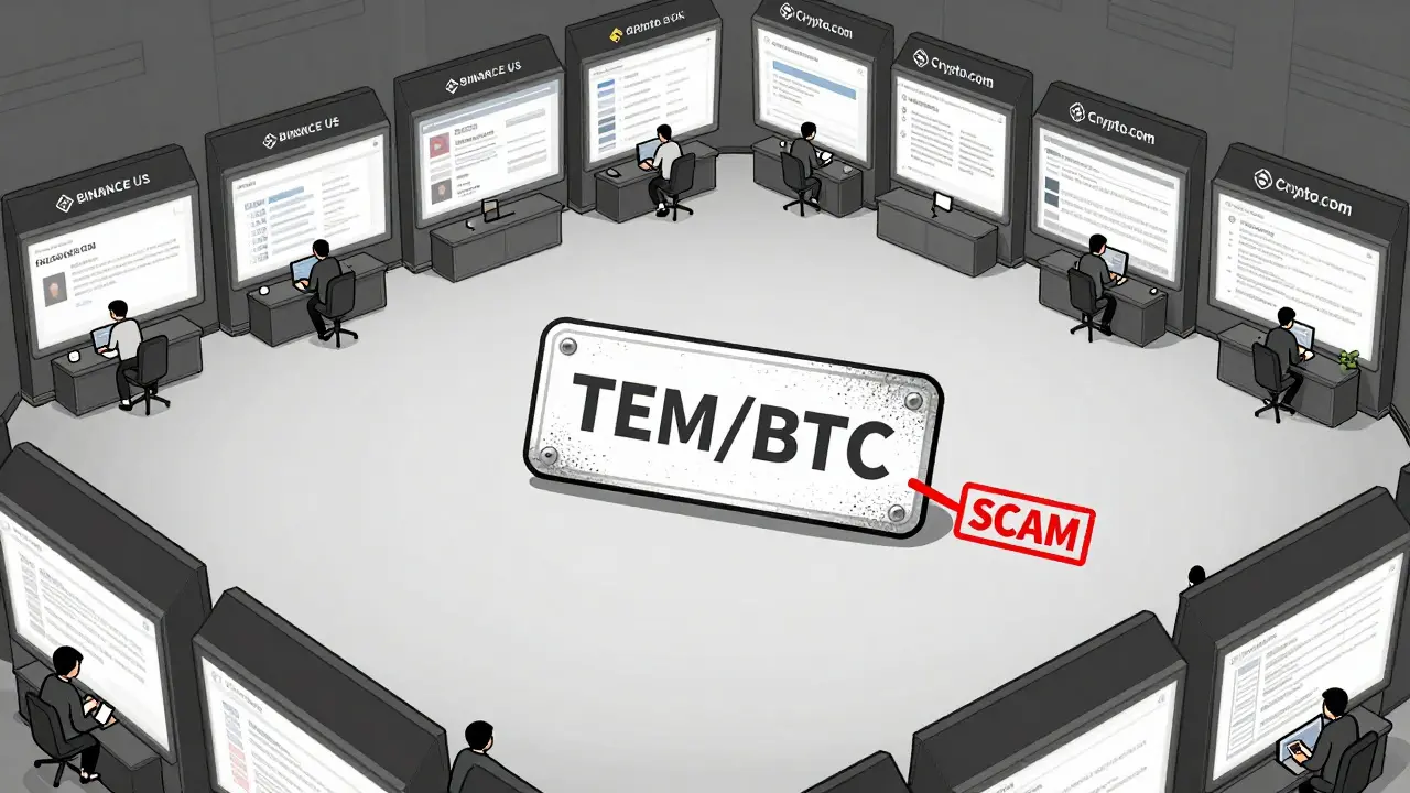 Tiny TEM/BTC label on empty exchange floor surrounded by major crypto platforms.