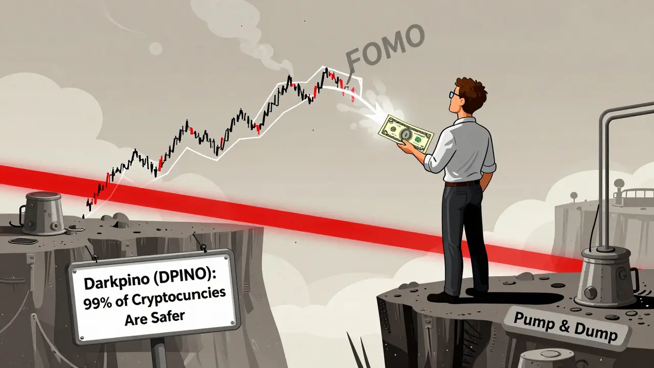 Trader on a pump-and-dump cliff staring at a rising DPINO price chart with FOMO smoke.