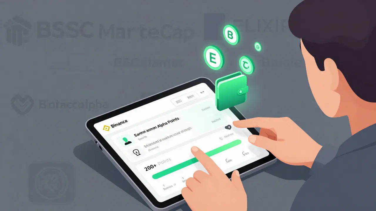 User earning Alpha Points on Binance Alpha with BSC wallet connected, ELIXIR tokens floating nearby.