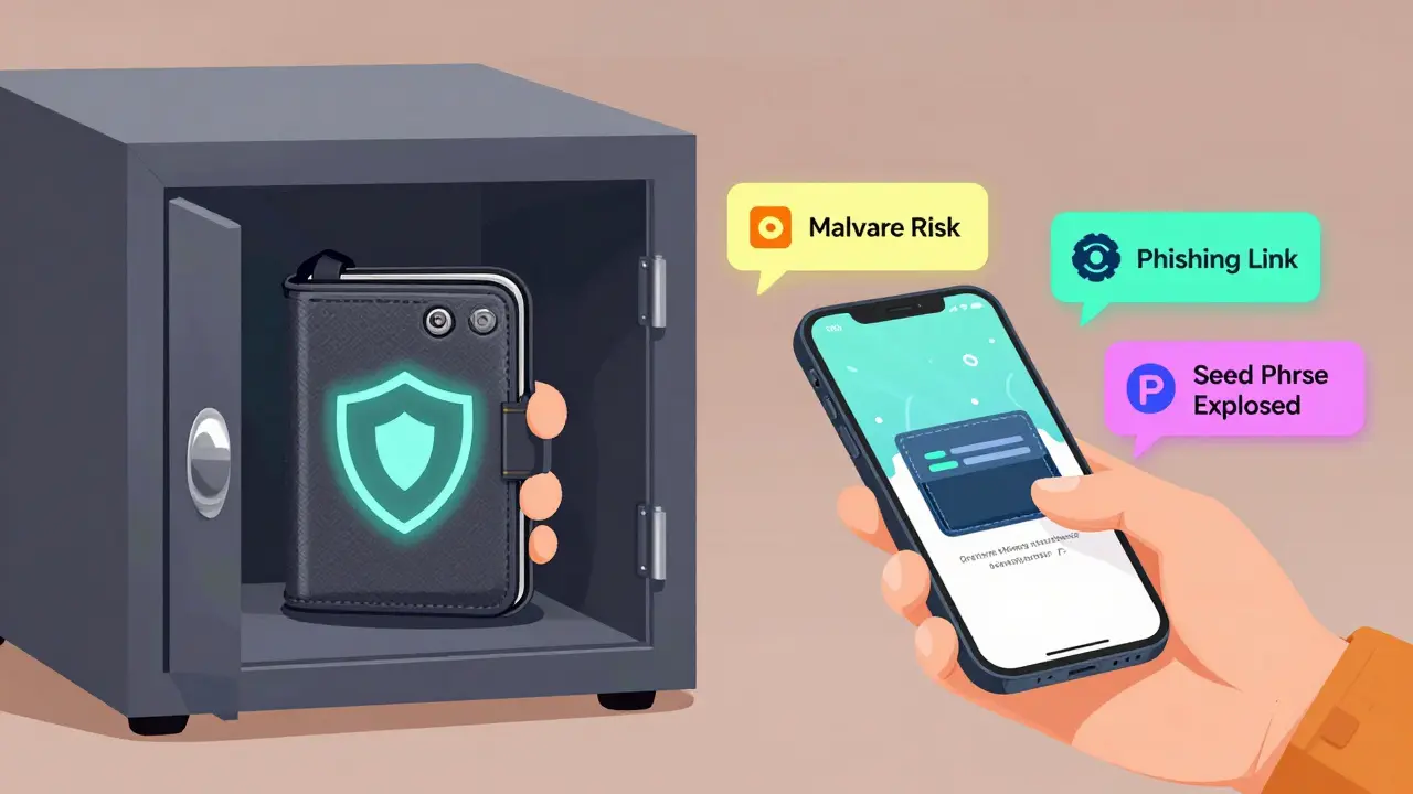 User holds hardware wallet in safe while using software wallet with risk alerts floating nearby.
