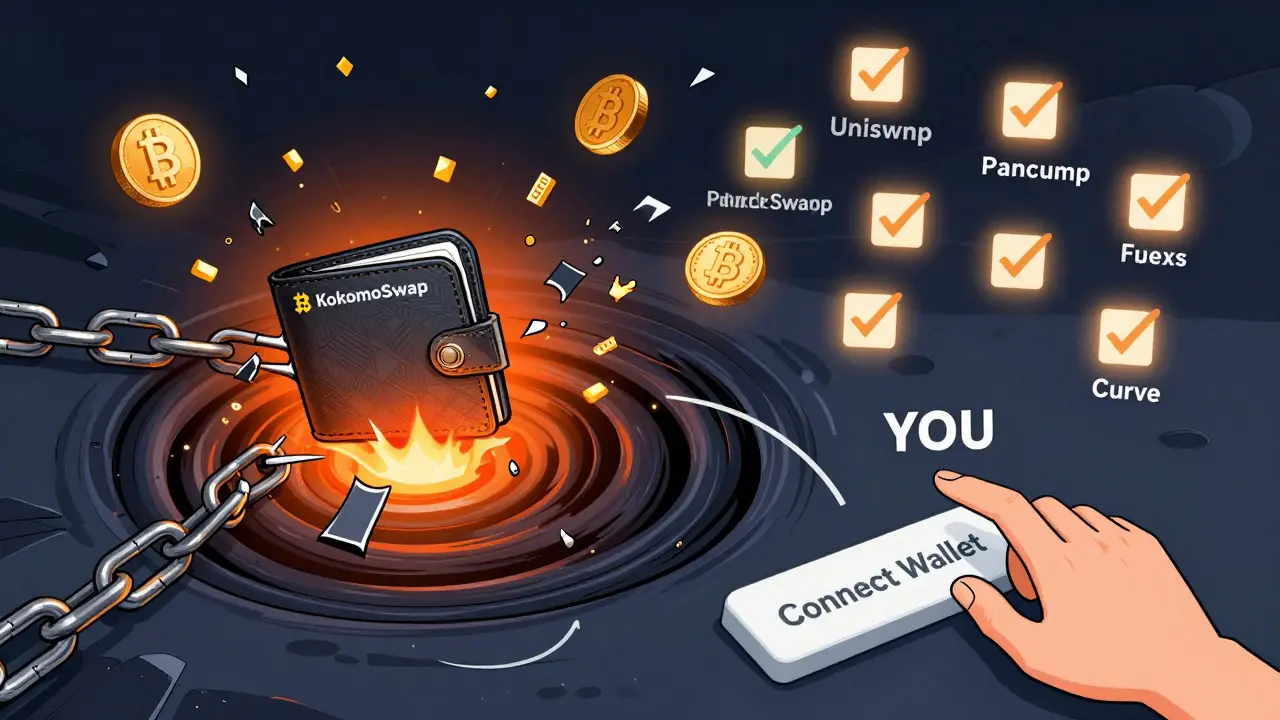 Wallet being sucked into a vortex labeled 'KokomoSwap' while real DEXs glow safely nearby.