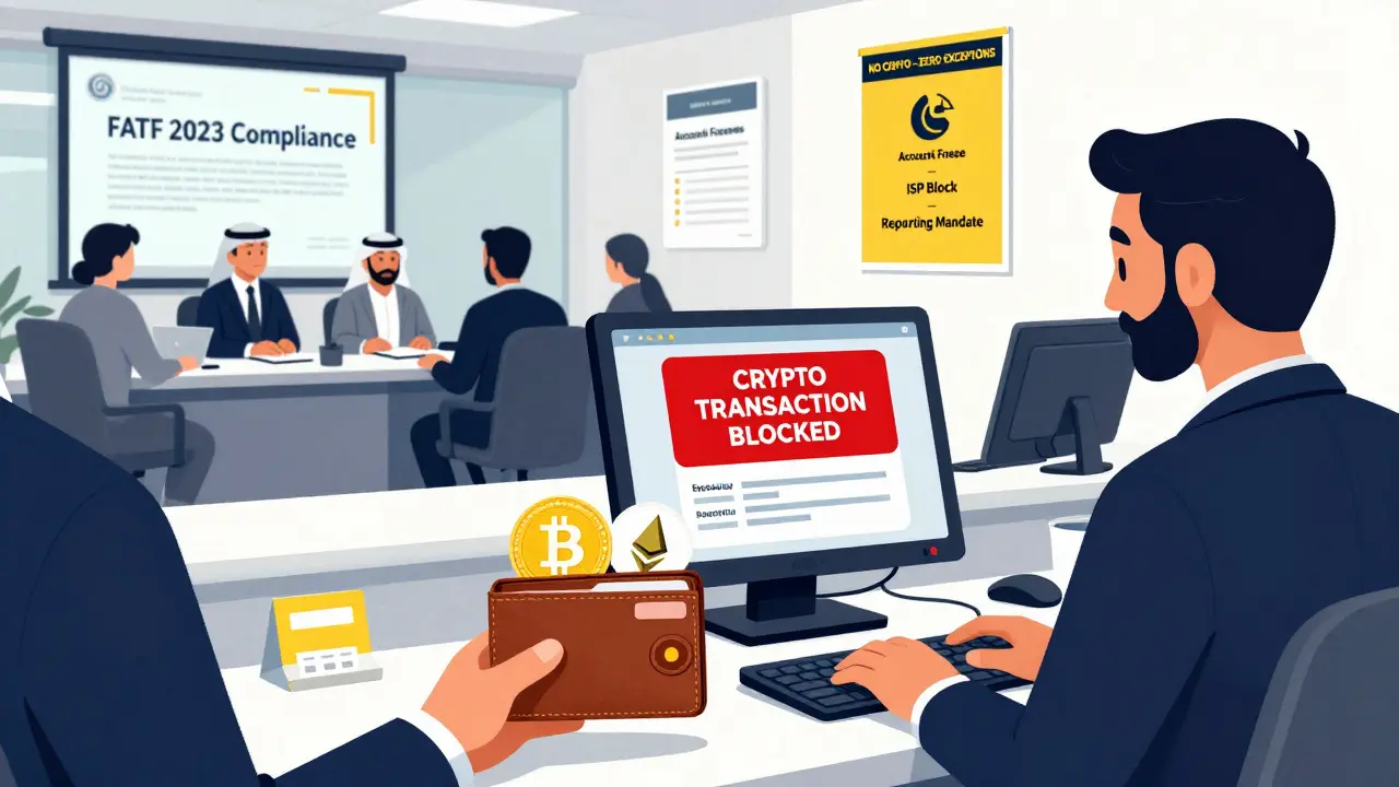 A bank teller blocking a crypto transaction while staff undergo FATF compliance training.