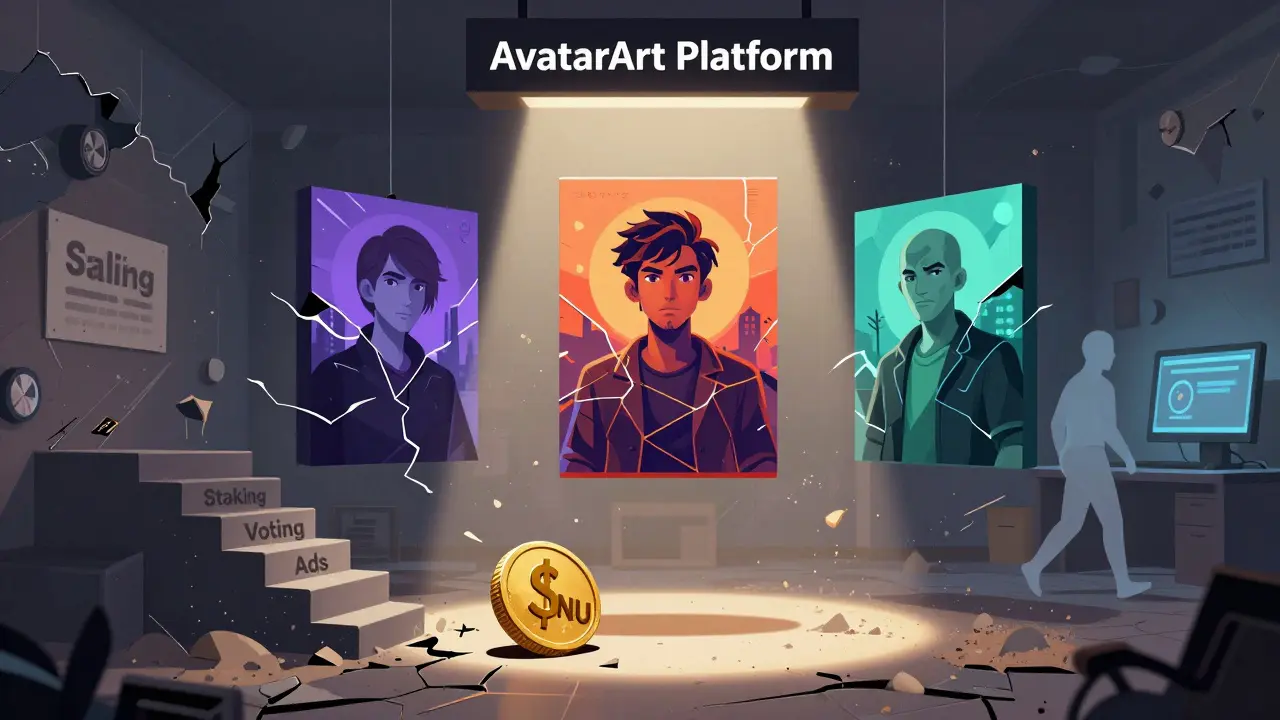 A crumbling NFT gallery with floating artworks and a $BNU token rolling down broken functional labels.