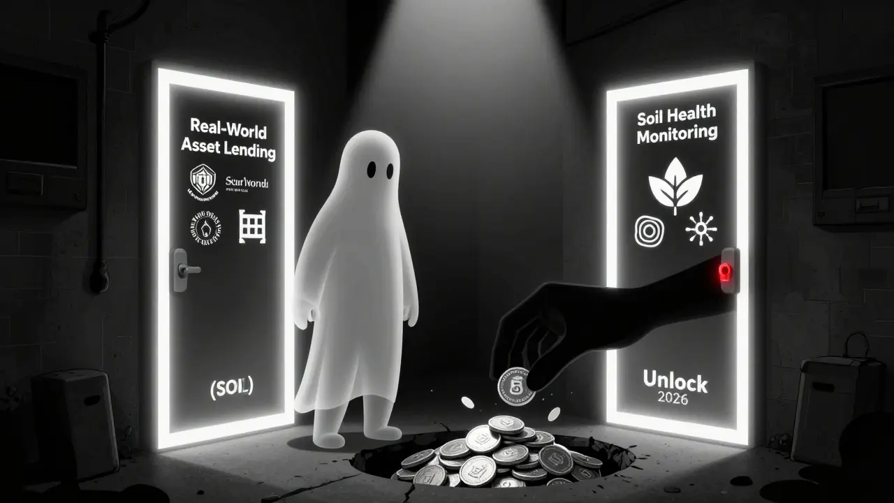 A ghostly SOIL token caught between two locked doors labeled DeFi and Agriculture, dropping tokens into a pit.