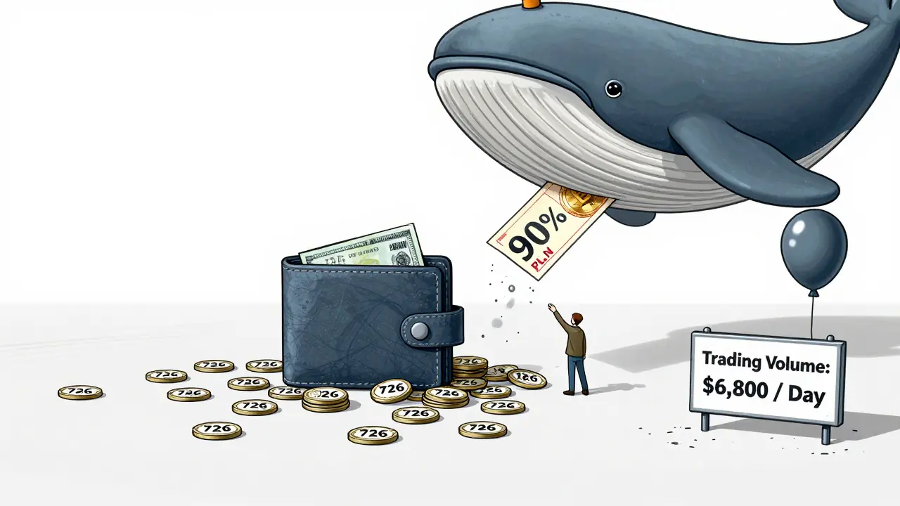 A lone wallet among 726 addresses, dominated by a whale's hand, with a deflating market cap balloon.