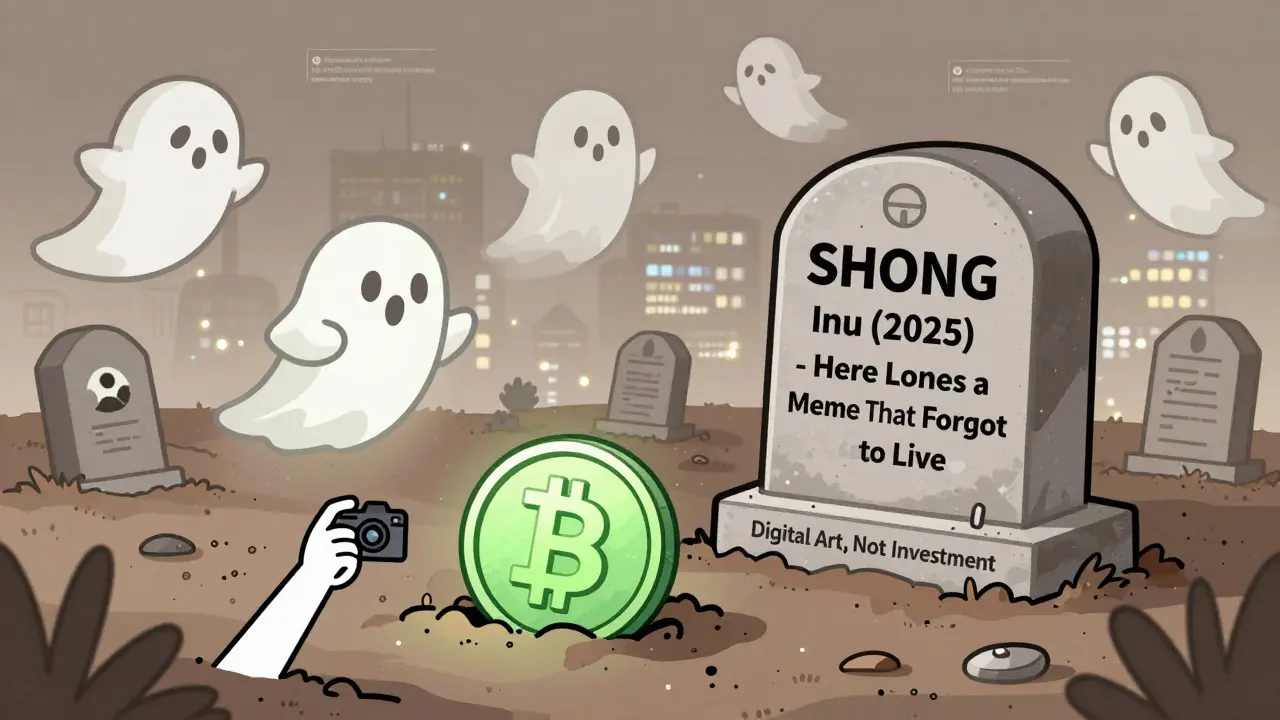 A SHONG token grave marker in a crypto graveyard, with bots floating above and a person taking a selfie beside it, while major exchanges glow in the distance.
