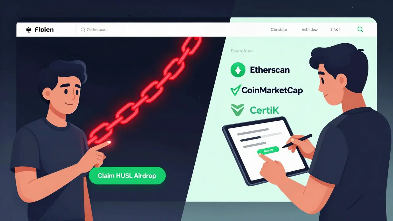 A user falling for a fake airdrop scam versus another safely verifying a token on Etherscan.