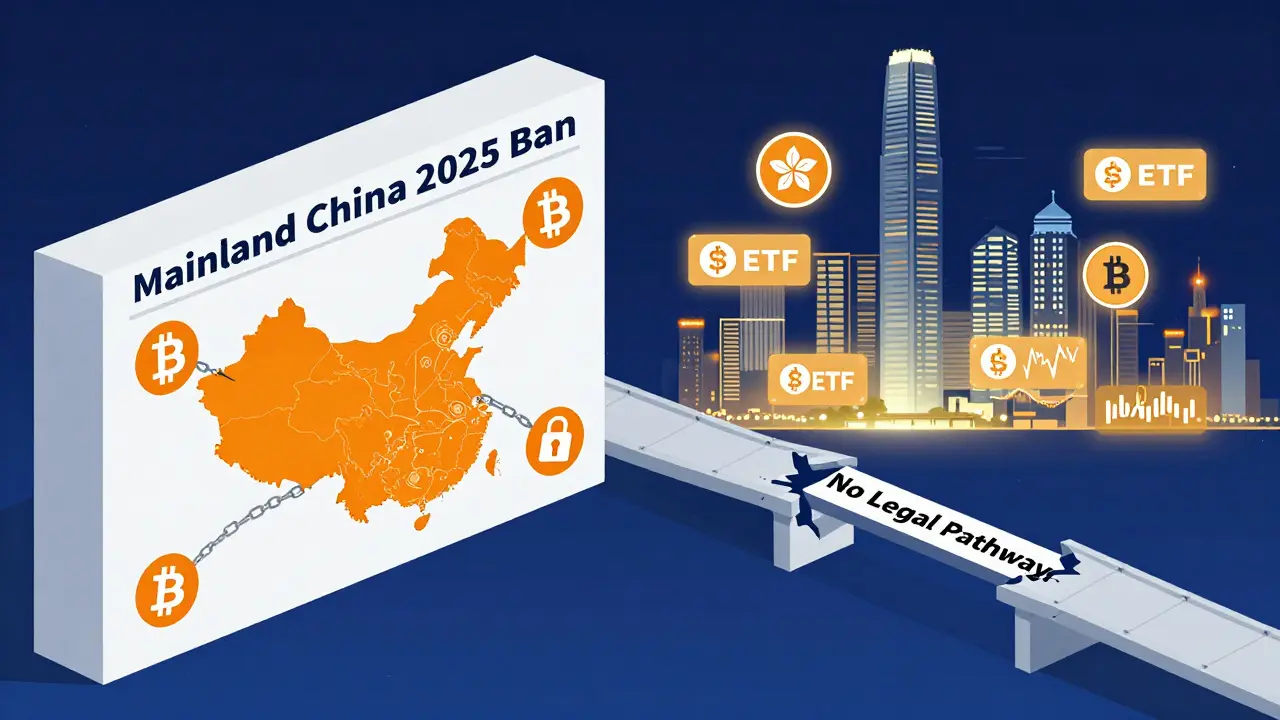 A wall blocks crypto symbols in mainland China, while Hong Kong’s skyline shows licensed exchanges — separated by a broken bridge labeled 'No Legal Pathway'.