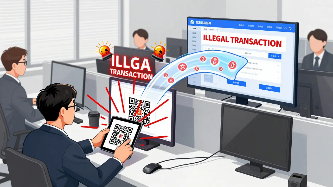 An office worker scans a crypto wallet, triggering illegal transaction alarms as digital yuan payments flow safely into the system.