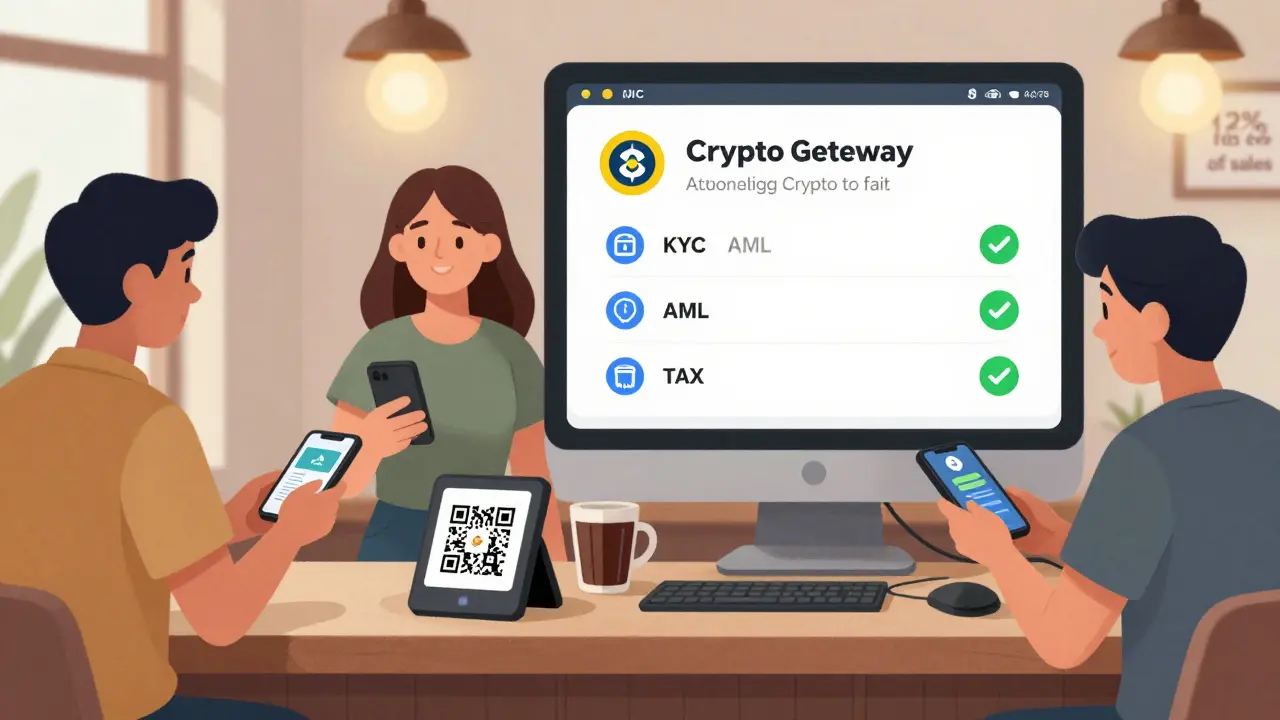 Coffee shop customer paying with USDC via QR code, with backend compliance systems working automatically.