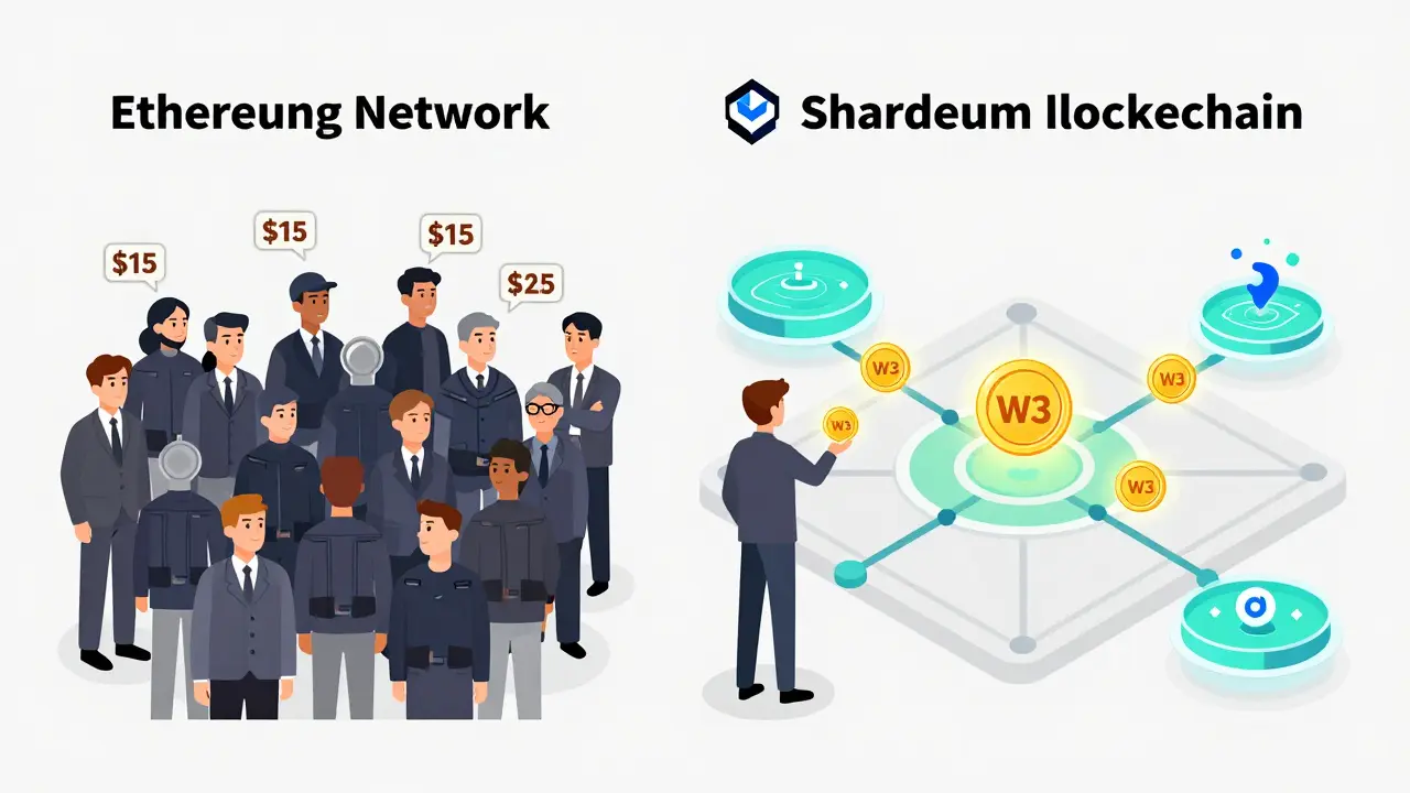 Comparison of slow Ethereum trading vs. fast Shardeum trading with W3 tokens flowing through scalable network.