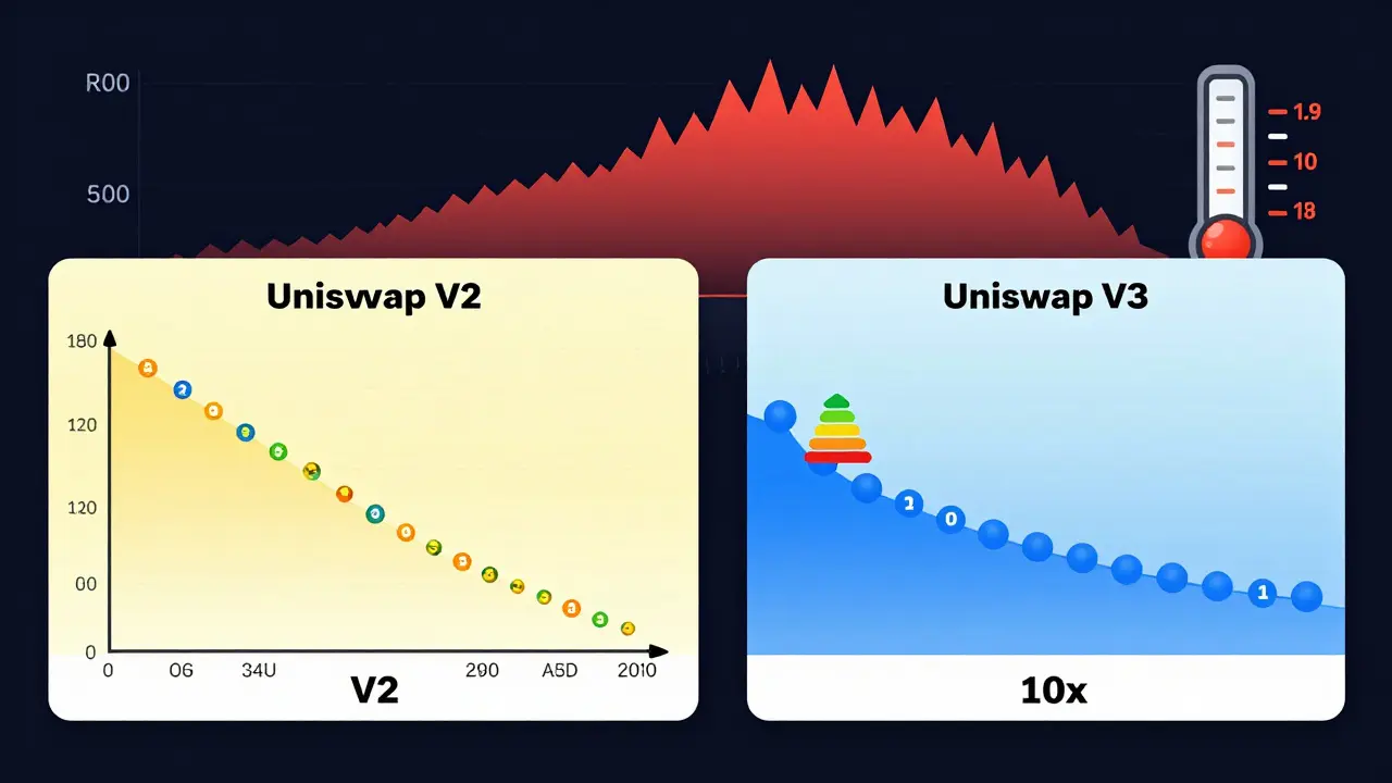 Comparison of Uniswap V2 (broad token spread) and V3 (concentrated range) with gas fee meter and efficiency icons.