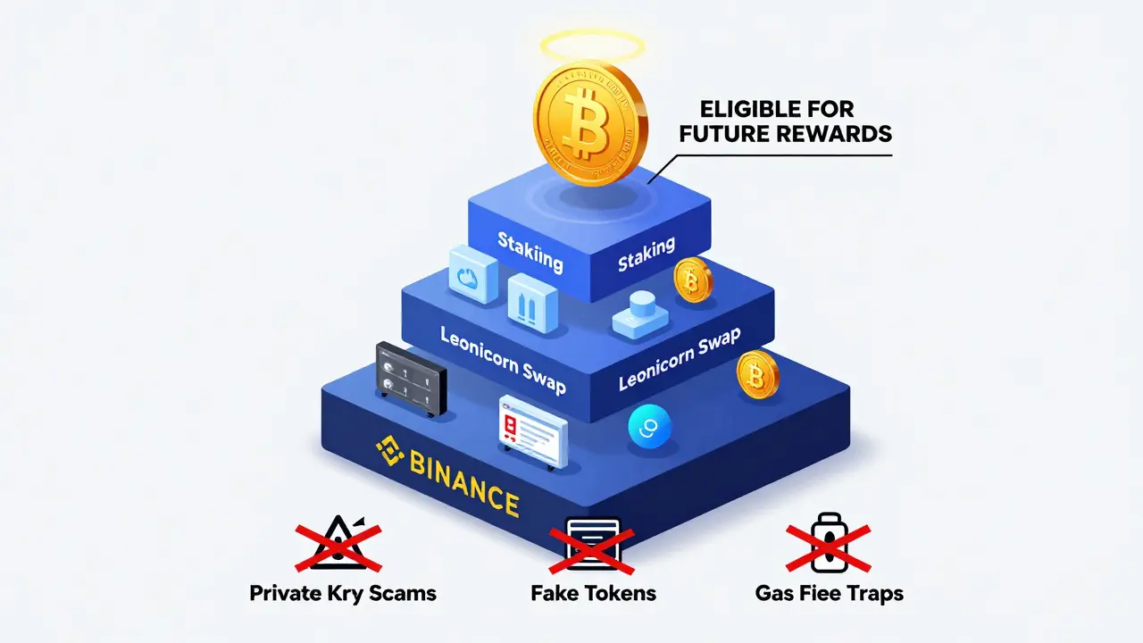 DeFi ecosystem pyramid showing Leonicorn Swap layers with LEON token at top and scam warnings crossed out.