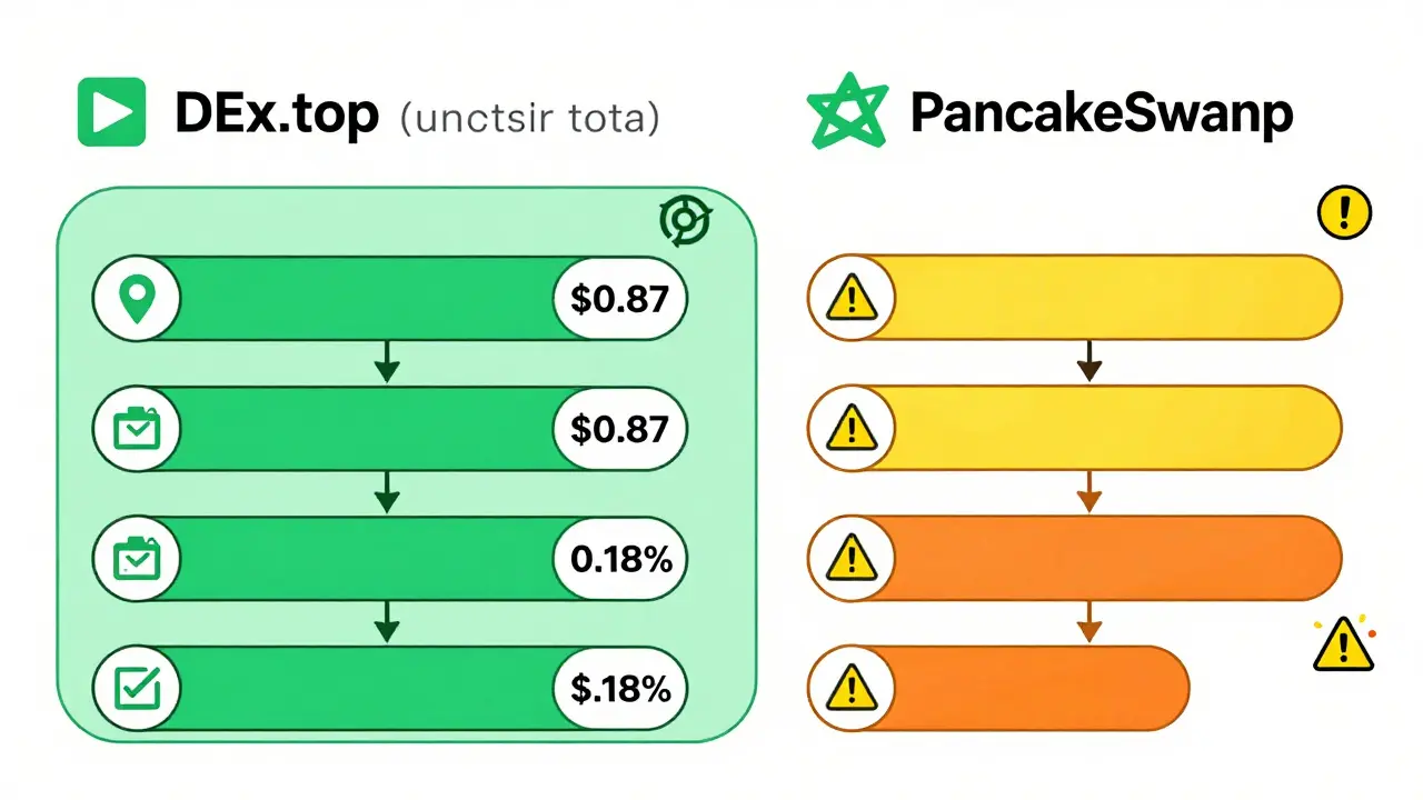 DEx.top compared to other DEXs showing lower fees and simpler interface