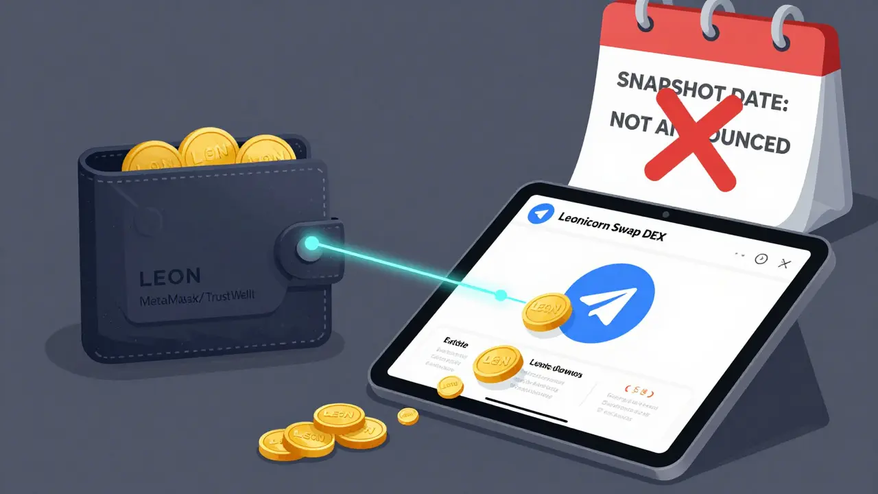 Digital wallet connected to Leonicorn Swap DEX with LEON tokens and staking rewards, fake airdrop link crossed out.